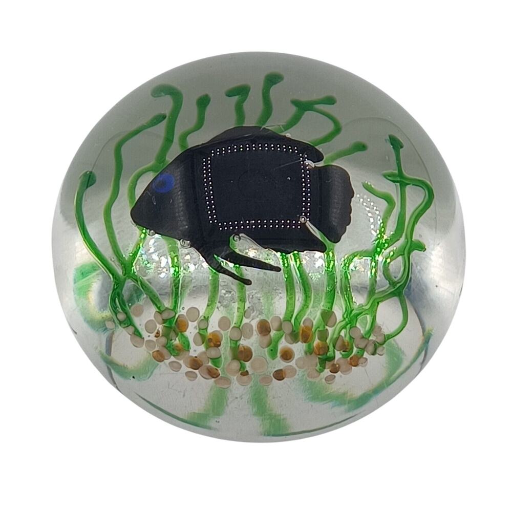 Amazing Janet Kelman Tropical Black Fish Aquarium Art Glass Paperweight Signed